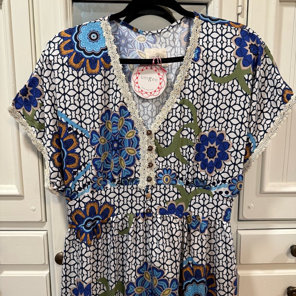 Umgee Large Blue & White Floral Patchwork Button-Front Maxi Dress